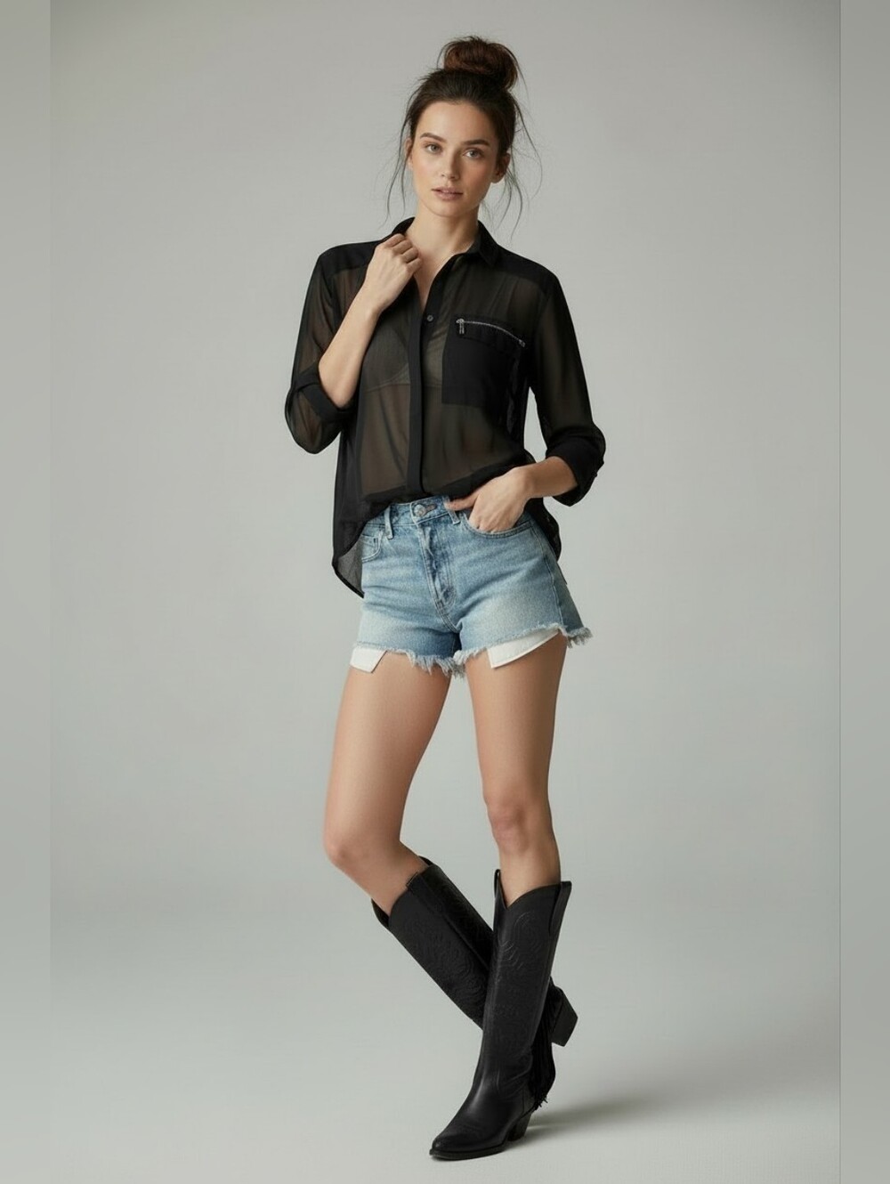 Topshop Black Button Down Blouse, Zipper Pocket, V-Shaped Back Cut Out, 2